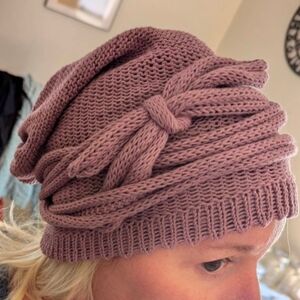 Slouchy Knit Cotton Beanie With Wrap Ties, Amethyst, Women's OS